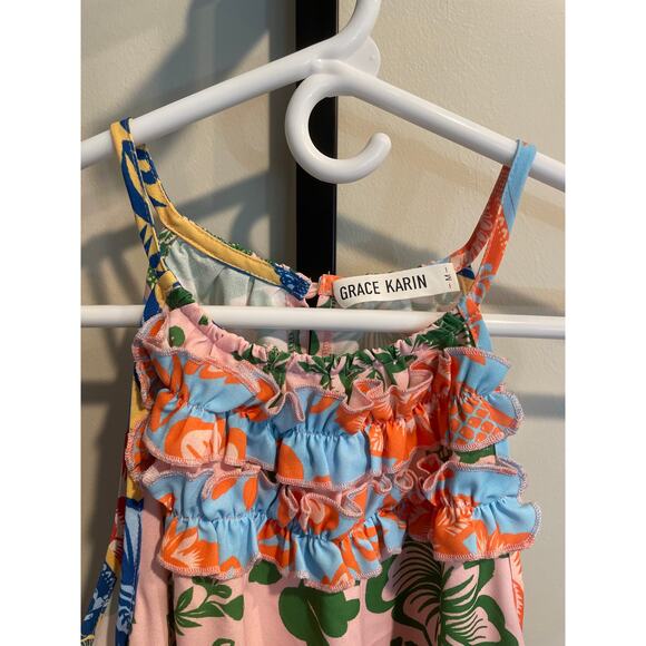 GRACE KARIN Folk Prints Midi Sun Dress M Boho Swing Floral Hawaiian Tiered Maxi - Picture 4 of 7